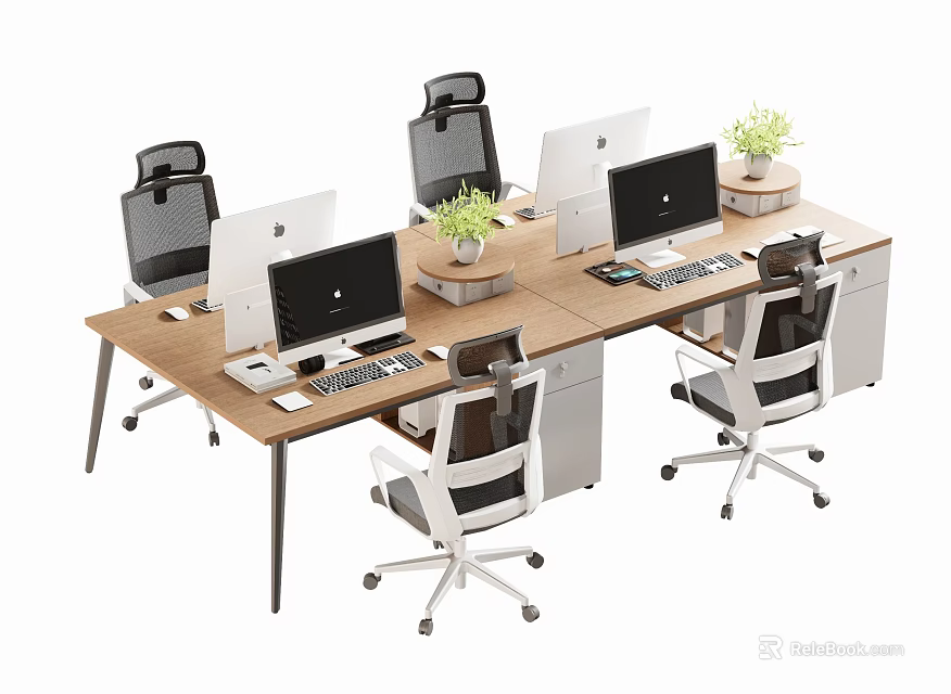 Modern Office Desk With Multiple Computer Monitors Office Chairs And Potted Plants 3d model