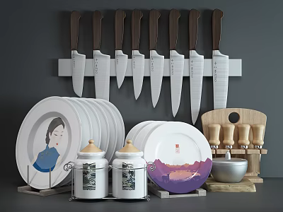 Stylish Kitchenware with Hanging Knives Lidded Jars Decorative Plates and Wooden Spice Rack 3d model
