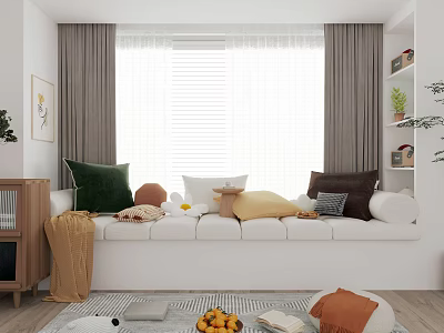 Cozy Bay Window Seating Area With Colorful Pillows Curtains And Sunlight 3d model