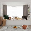 Cozy Bay Window Seating Area With Colorful Pillows Curtains And Sunlight