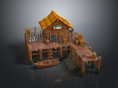 Cartoon Waterfront Hut with Thatched Roof Wooden Platform Small Boat Fishing Net and Barrels 3d model