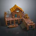 Cartoon Waterfront Hut with Thatched Roof Wooden Platform Small Boat Fishing Net and Barrels