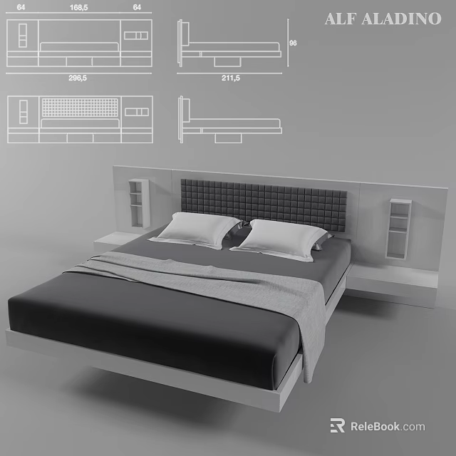 Modern Double Bed With Textured Headboard And Gray Blanket In Bedroom Interior 3d model 