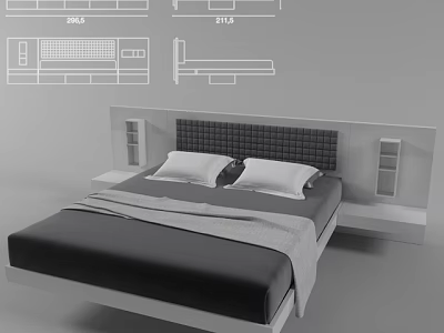 Modern Double Bed With Textured Headboard And Gray Blanket In Bedroom Interior 3d model