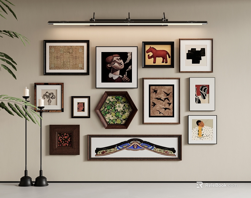 Multiple Framed Abstract Paintings in Various Styles on Wall with Floor Lamp and Green Plant 3d model 