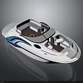Modern White Speedboat with Blue Accents Transparent Windshield and Brown Interior Seats for Water Transportation