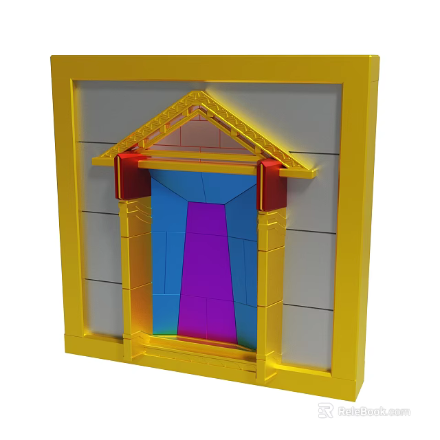 Yellow Frame Architectural Structure With Colorful Blue Purple Panels And Geometric Design 3d model 
