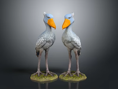 Realistic Bird Sculptures With Gray Feathers Orange Beaks And Green Bases 3d model
