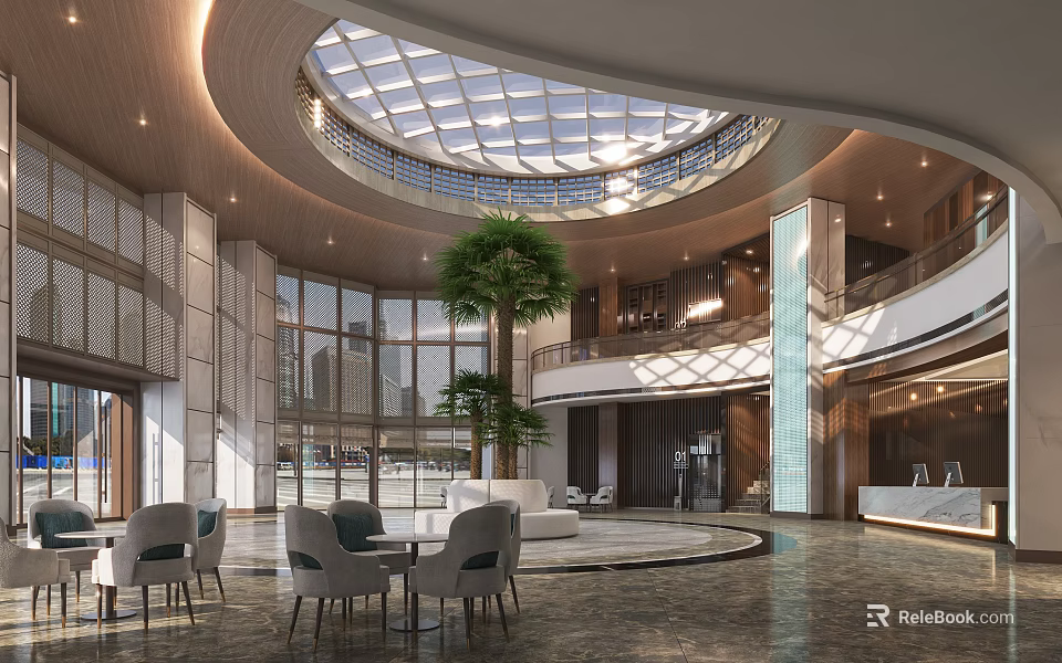 Modern Hotel Lobby With Glass Dome Large Windows Green Plants Sofas Tables Chairs Marble Flooring 3d model 