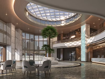 Modern Hotel Lobby With Glass Dome Large Windows Green Plants Sofas Tables Chairs Marble Flooring 3d model