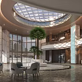Modern Hotel Lobby With Glass Dome Large Windows Green Plants Sofas Tables Chairs Marble Flooring