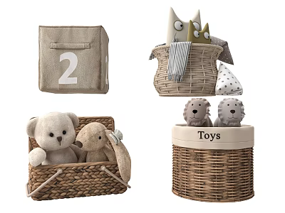 Display Of Plush Toys In Woven Baskets And Fabric Bag 3d model