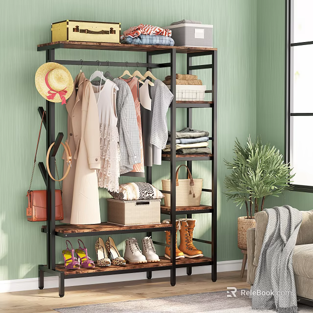 Clothes Rack with Hanging Clothes Hat Handbag Shoes Storage Shelves in Living Room with Plant 3d model 