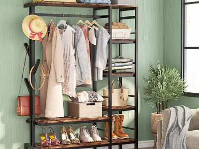 Clothes Rack with Hanging Clothes Hat Handbag Shoes Storage Shelves in Living Room with Plant 3d model