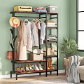 Clothes Rack with Hanging Clothes Hat Handbag Shoes Storage Shelves in Living Room with Plant
