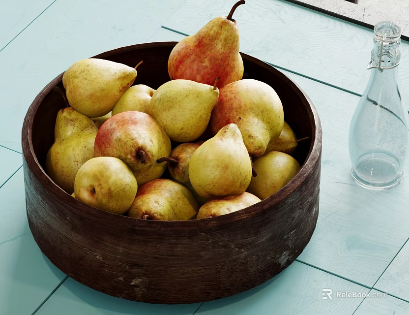 Ceramic Bowl Filled With Fresh Pears And Glass Bottle On Light Blue Tiled Floor 3d model 