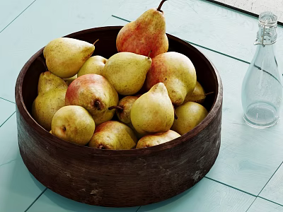 Ceramic Bowl Filled With Fresh Pears And Glass Bottle On Light Blue Tiled Floor 3d model