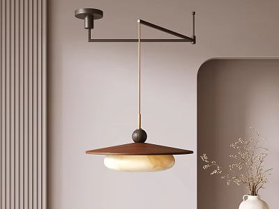 Hanging Modern Pendant Light With Brown Wooden Shade And Black Metal Frame In Interior 3d model