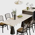 Modern Brown Wicker Back Dining Chairs With Marble Top Dining Table And Pendant Light 3d model