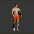 Shirtless Man Walking With Black Basketball Wearing Orange Shorts Against Gray Background