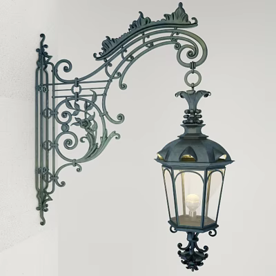 Vintage Ornate Metal Wall Lamp With Transparent Glass Shade And Curved Design 3d model