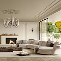 Elegant Modern Living Room Interior With Ornate Chandelier Fireplace Paneled Walls And Light Sofa