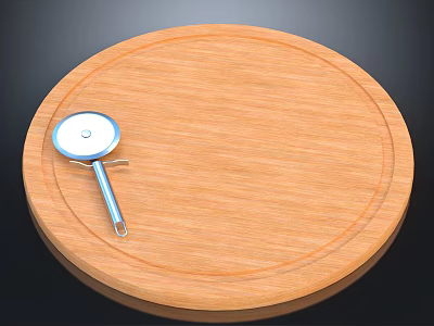 Round Wooden Cutting Board With Stainless Steel Pizza Cutter For Kitchen Use 3d model