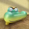 Cartoon Style Green Yellow Gradient Frog Shaped Double Sofa with Eyes Mouth on Wooden Floor