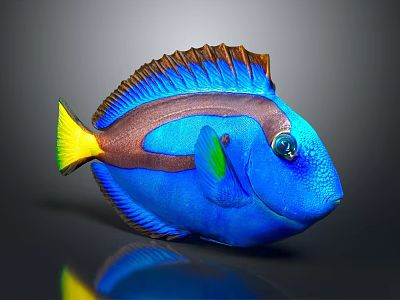 Vibrant Blue Tropical Fish With Yellow Tail Brown Stripe And Green Fin 3d model