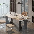 Stylish Study Room with Marble Top Desk Laptop Brown Chair Bookshelves and Green Plant