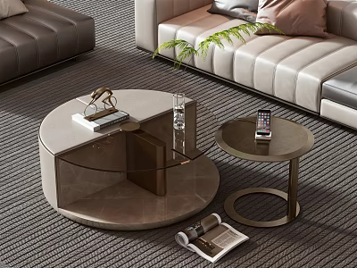 Modern Round Coffee Table With Glass Top Metal Frame Near Leather Sofa And Decor Items 3d model