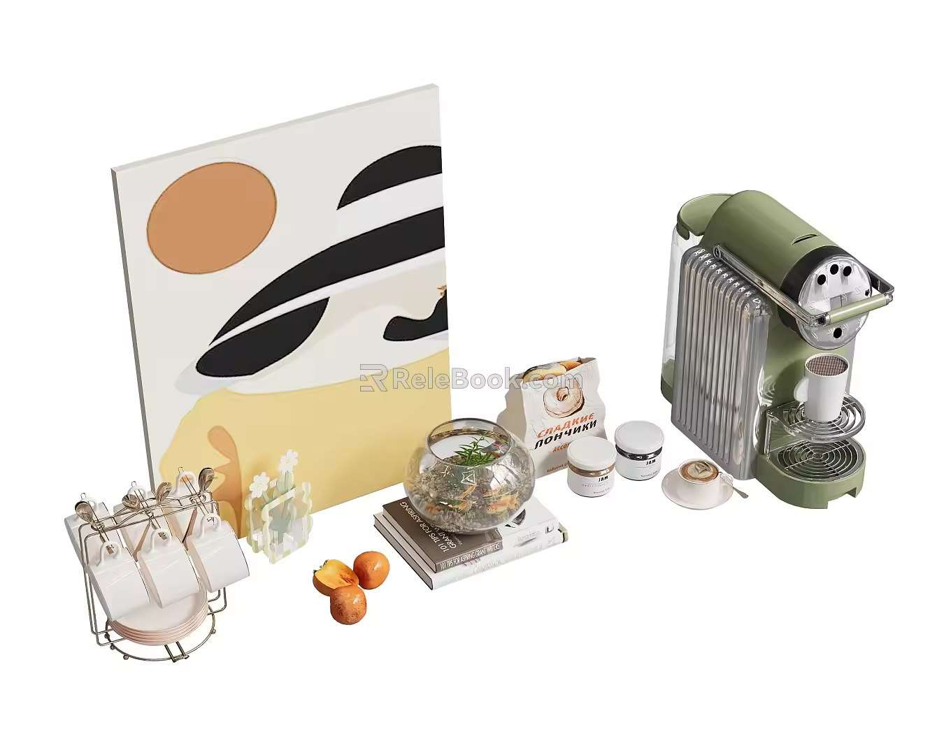 Nordic Sideboard Decoration Combination Coffee Cup Coffee Maker Fish Tank Decorative Bottle Japanese Style Picture Frame Tea Set Kitchen Utensils Kraft Paper Bag Book Sauce 3d model
