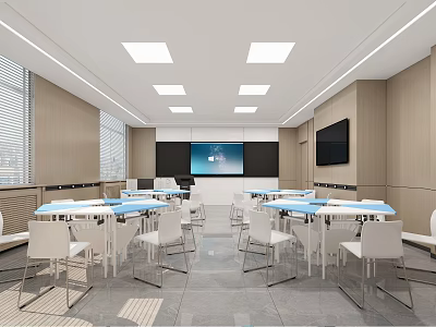 School Modern Classroom Featuring White Chairs Blue Tables Large Screen TV And Bright Lighting 3d model