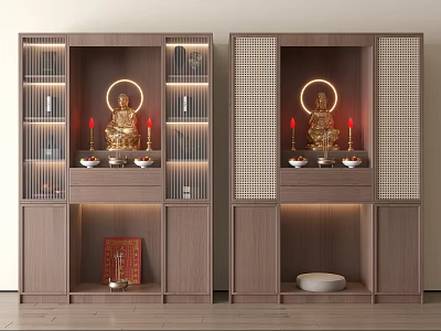 Modern Wooden Buddhist Shrine Cabinet With Buddha Statue Lighting And Lattice Doors 3d model