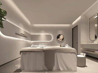 Modern Minimalist Beauty Salon Interior With Treatment Bed White Towels Mirror And Green Plant 3d model
