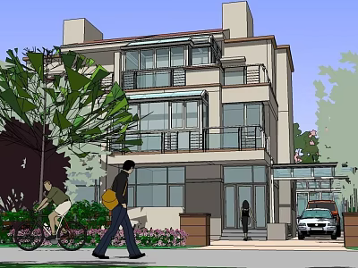 Modern Multistory Building With Lush Landscape Trees Plants Pedestrians Bicycles And Vehicles 3d model