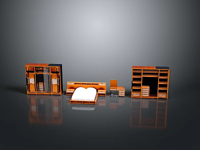 Modern Bedroom Interior With Furniture Set Including Bed Wardrobe Nightstand And Bookshelf 3d model
