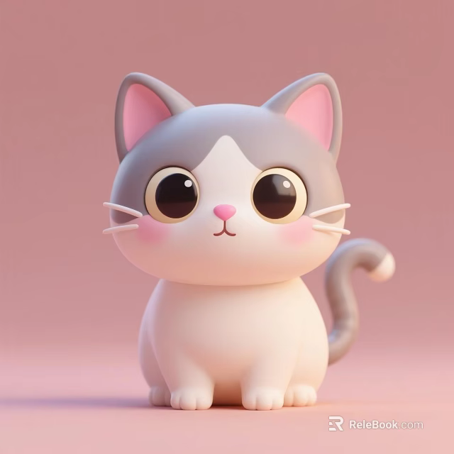 Cute Gray And White Cat With Big Eyes On Pink Background 3D Cartoon Style 3d model 