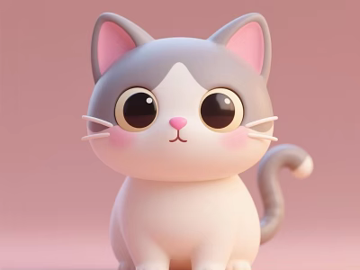 Cute Gray And White Cat With Big Eyes On Pink Background 3D Cartoon Style 3d model