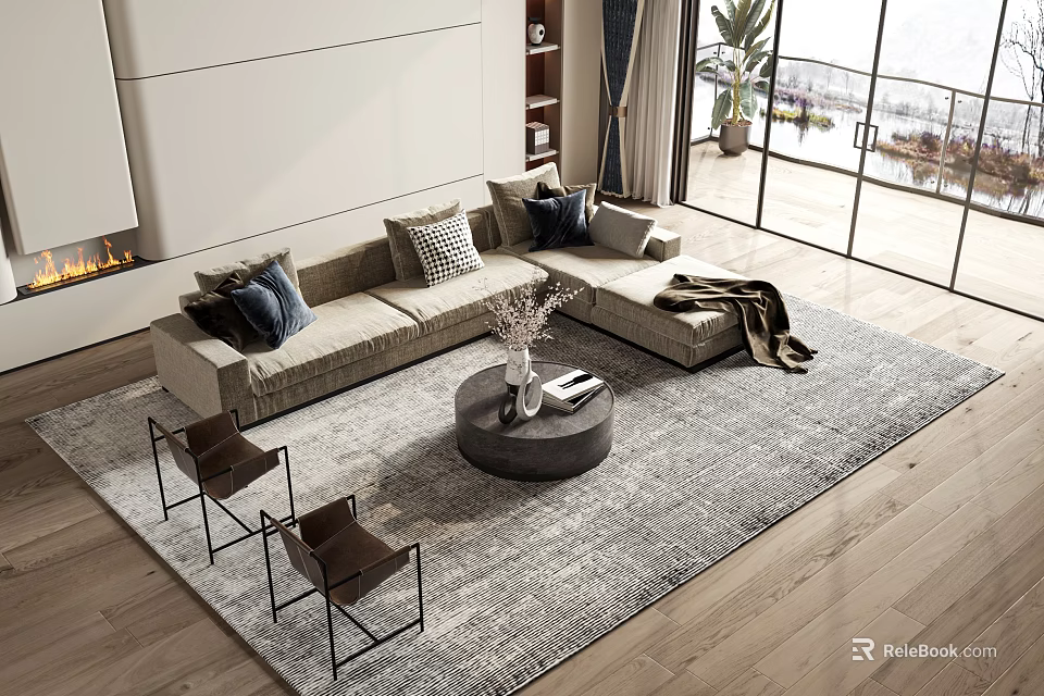 Modern Sofa Coffee Table Set With Decorative Pillows Gray Rug And Accent Chairs 3d model 