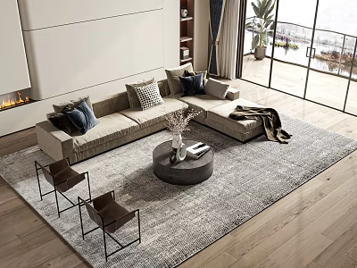 Modern Sofa Coffee Table Set With Decorative Pillows Gray Rug And Accent Chairs 3d model