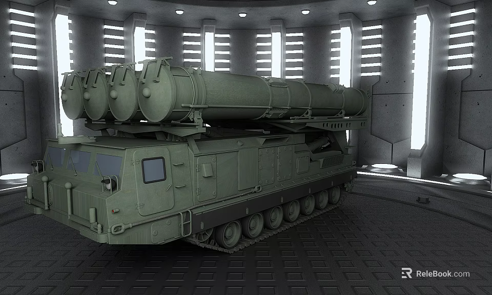 Military Functional Vehicle With Multiple Missile Launch Tubes In Indoor Facility 3d model