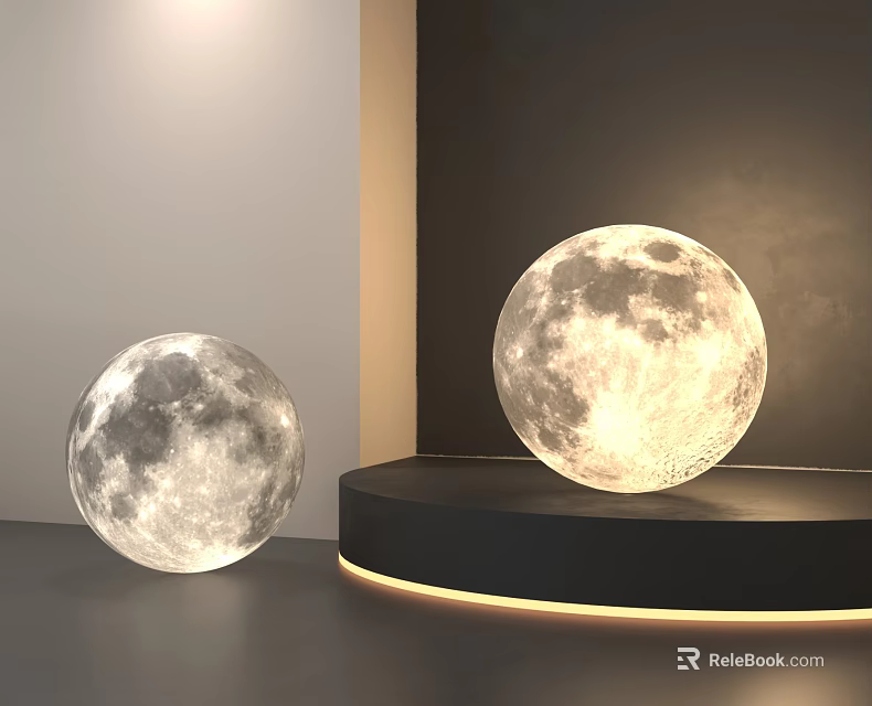 Two Modern Moon Lamps Display On Stand And Floor With Soft Light 3d model 