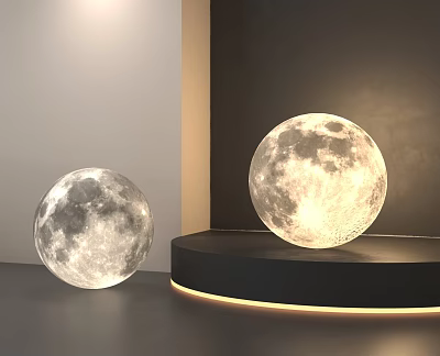 Two Modern Moon Lamps Display On Stand And Floor With Soft Light 3d model