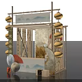 Traditional Chinese Photo Check-in Spot With Hanging Lanterns Wooden Frame Landscape Screen And Paper Fans