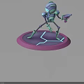 3D Sci Fi Robot Character with Glowing Accents Standing on Purple Platform Holding Ray Gun