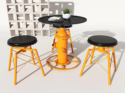 Black Round Table And Chairs With Orange Base Black Seats Magazine And Small Potted Plant 3d model
