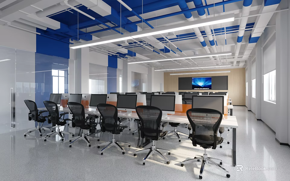 School Computer Lab Interior With Computers Desks And Ergonomic Chairs 3d model 