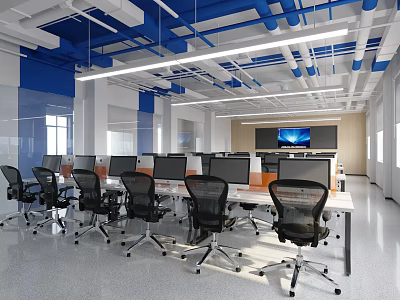School Computer Lab Interior With Computers Desks And Ergonomic Chairs 3d model