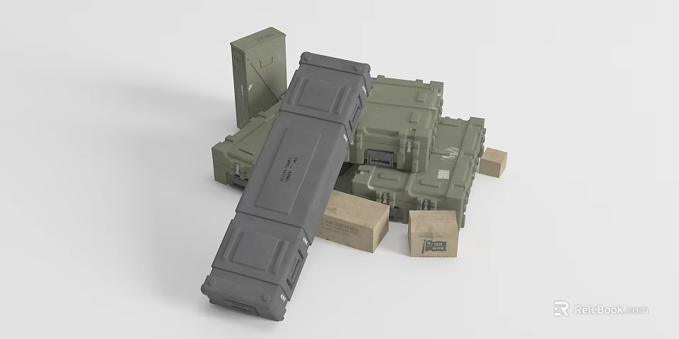 Military Weapon Storage Cases in Green Gray with Multiple Small Brown Cartons 3d model 